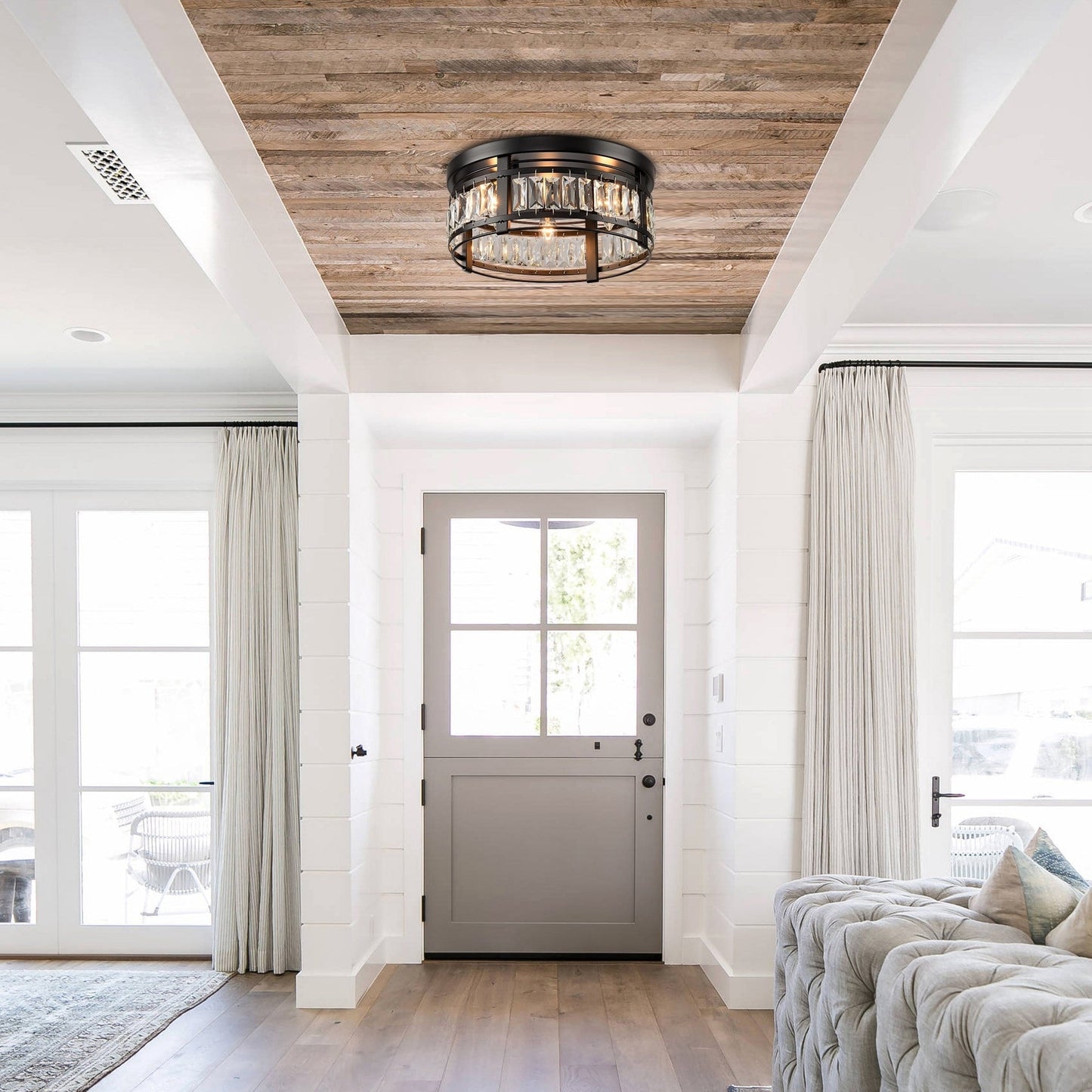 13.3 Modern Black 3-Light Crystal Hallway Flush Mount Chandelier