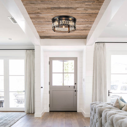 13.3 Modern Black 3-Light Crystal Hallway Flush Mount Chandelier