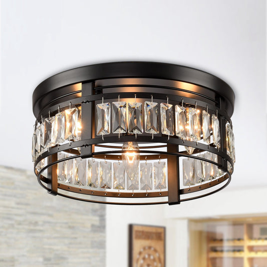 13.3 Modern Black 3-Light Crystal Hallway Flush Mount Chandelier