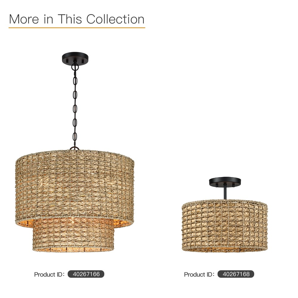 2-Light Natural Rattan Semi-Flush Mount Ceiling Light with Black Canopy - Black/earthy - Black/Straw - 13.6 in. W