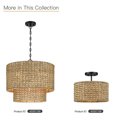 2-Light Natural Rattan Semi-Flush Mount Ceiling Light with Black Canopy - Black/earthy - Black/Straw - 13.6 in. W