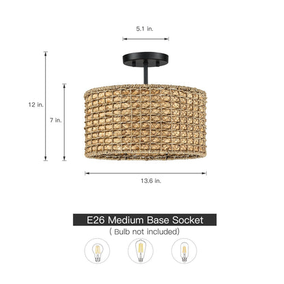 2-Light Natural Rattan Semi-Flush Mount Ceiling Light with Black Canopy - Black/earthy - Black/Straw - 13.6 in. W
