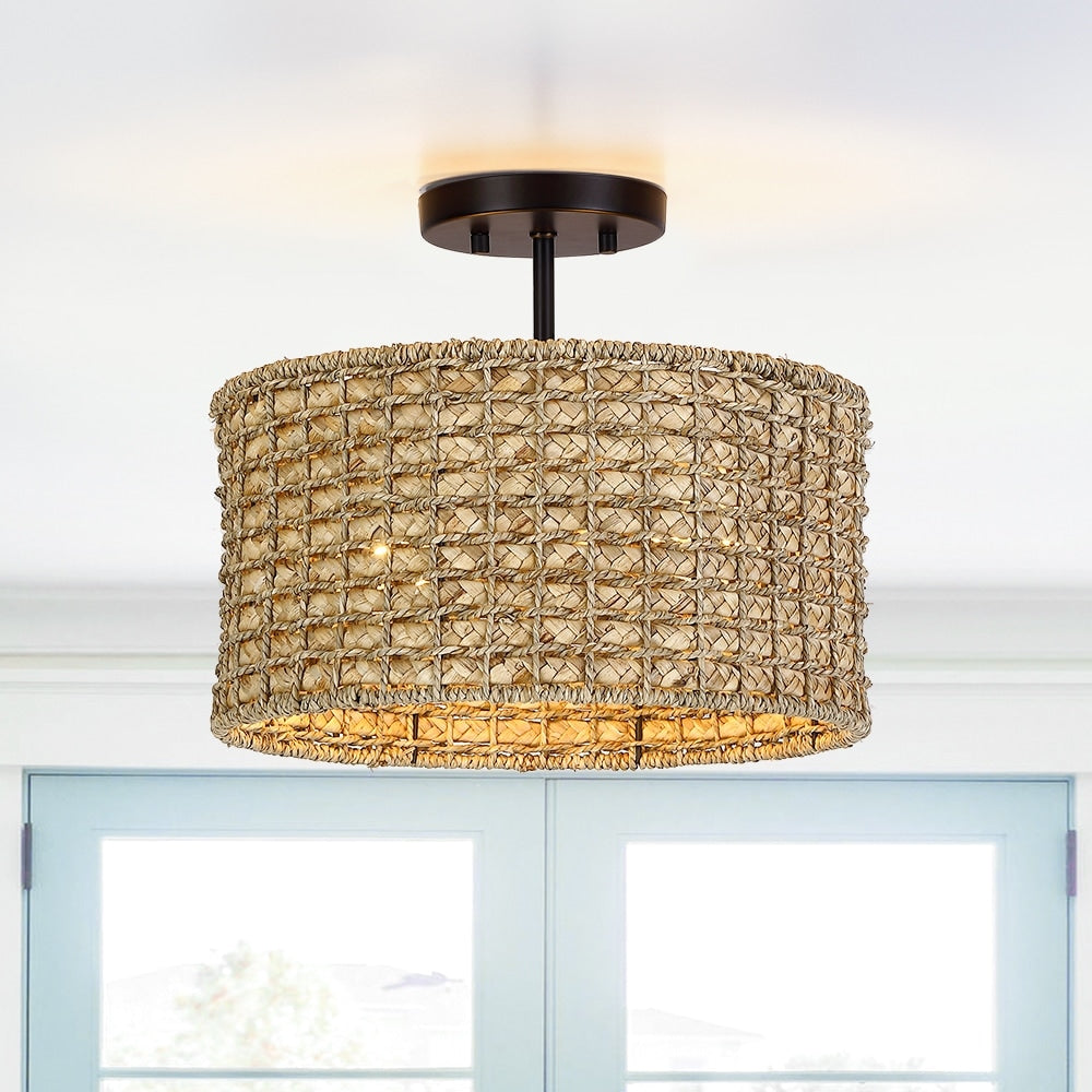 2-Light Natural Rattan Semi-Flush Mount Ceiling Light with Black Canopy - Black/earthy - Black/Straw - 13.6 in. W