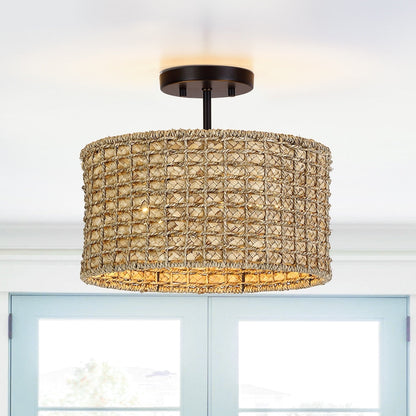 2-Light Natural Rattan Semi-Flush Mount Ceiling Light with Black Canopy - Black/earthy - Black/Straw - 13.6 in. W