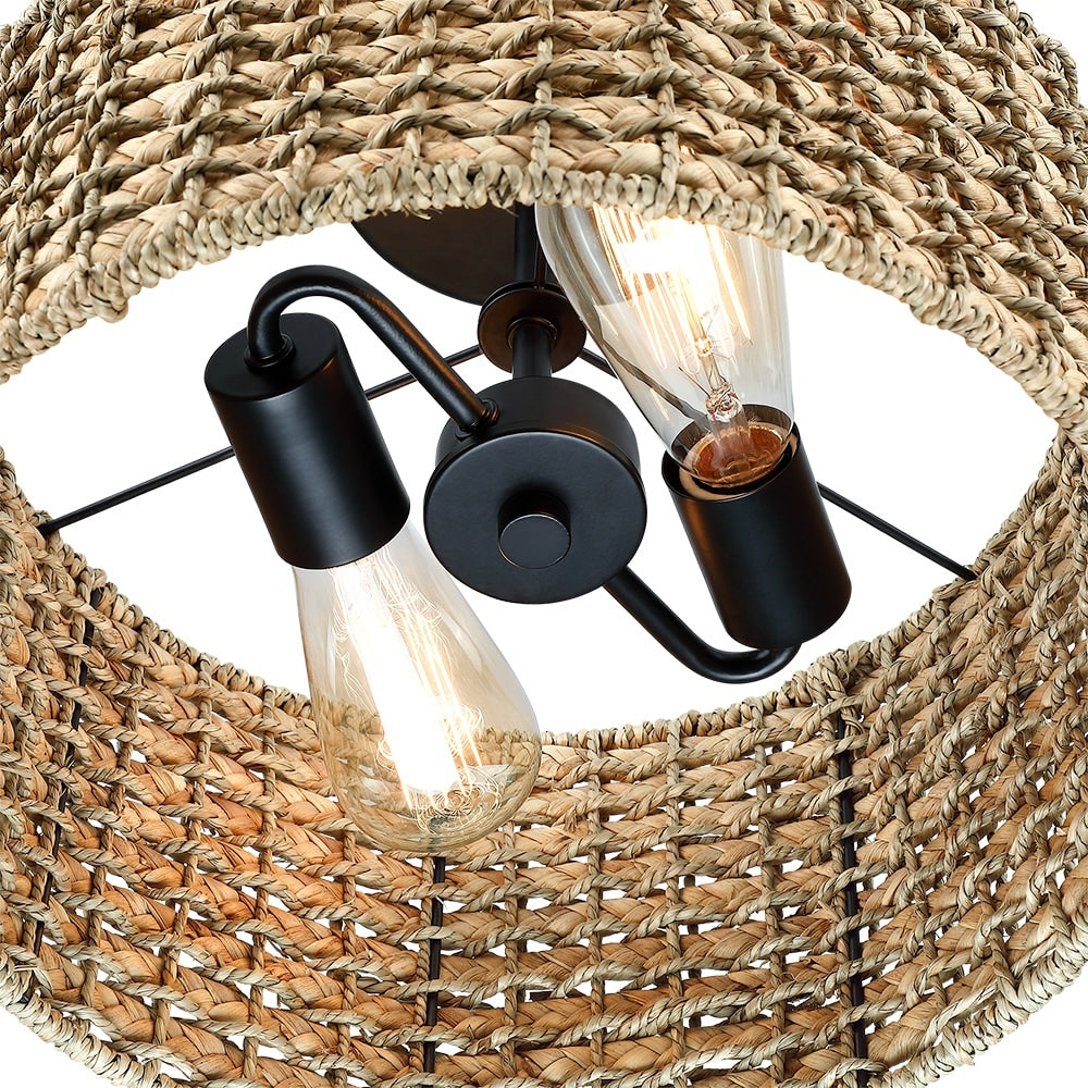2-Light Natural Rattan Semi-Flush Mount Ceiling Light with Black Canopy - Black/earthy - Black/Straw - 13.6 in. W
