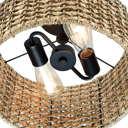 2-Light Natural Rattan Semi-Flush Mount Ceiling Light with Black Canopy - Black/earthy - Black/Straw - 13.6 in. W