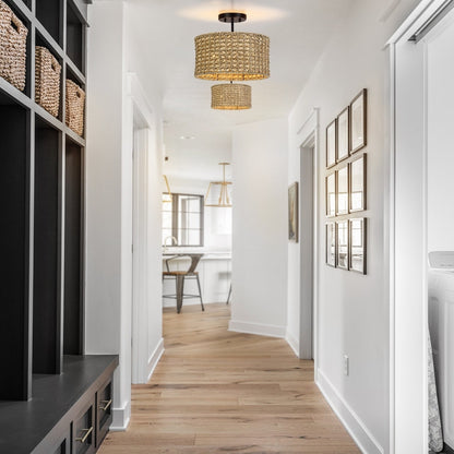 2-Light Natural Rattan Semi-Flush Mount Ceiling Light with Black Canopy - Black/earthy - Black/Straw - 13.6 in. W