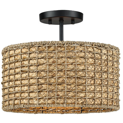 2-Light Natural Rattan Semi-Flush Mount Ceiling Light with Black Canopy - Black/earthy - Black/Straw - 13.6 in. W