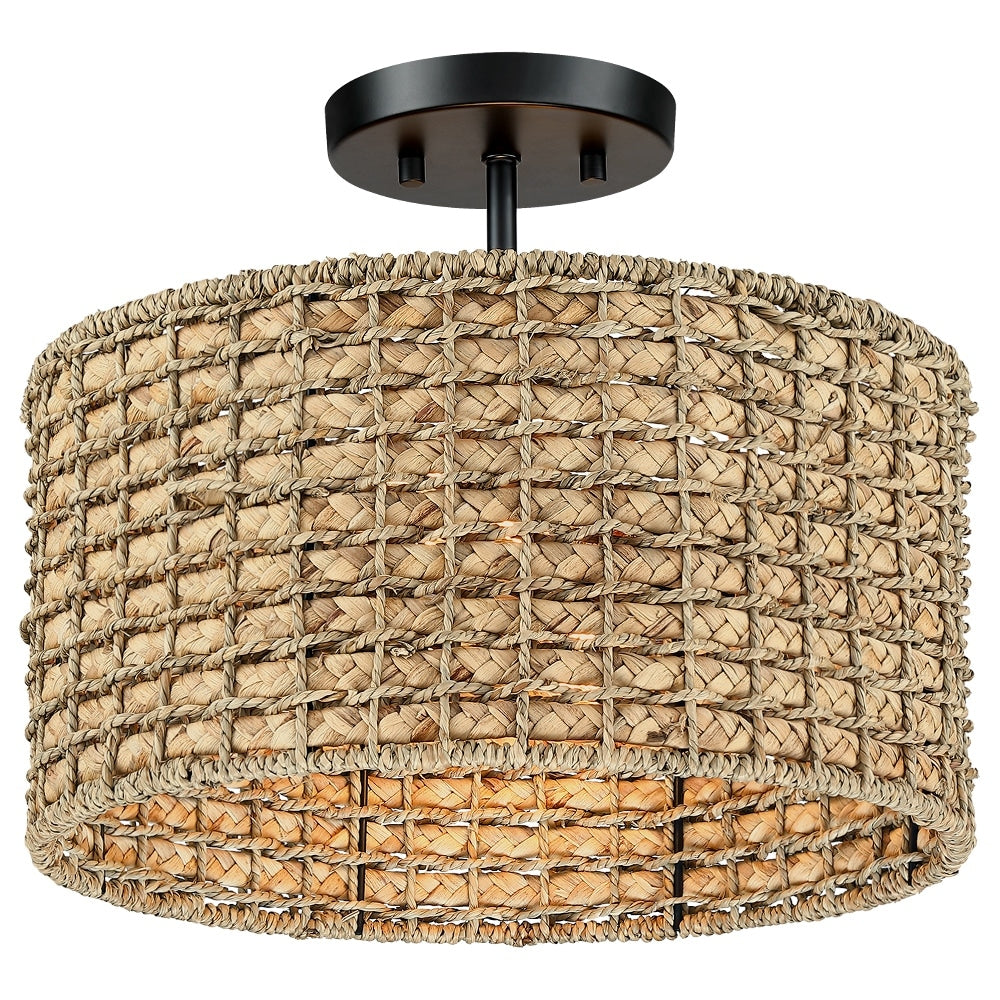 2-Light Natural Rattan Semi-Flush Mount Ceiling Light with Black Canopy - Black/earthy - Black/Straw - 13.6 in. W