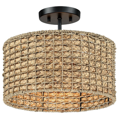 2-Light Natural Rattan Semi-Flush Mount Ceiling Light with Black Canopy - Black/earthy - Black/Straw - 13.6 in. W