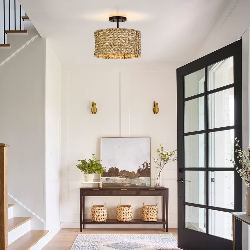 2-Light Natural Rattan Semi-Flush Mount Ceiling Light with Black Canopy - Black/earthy - Black/Straw - 13.6 in. W