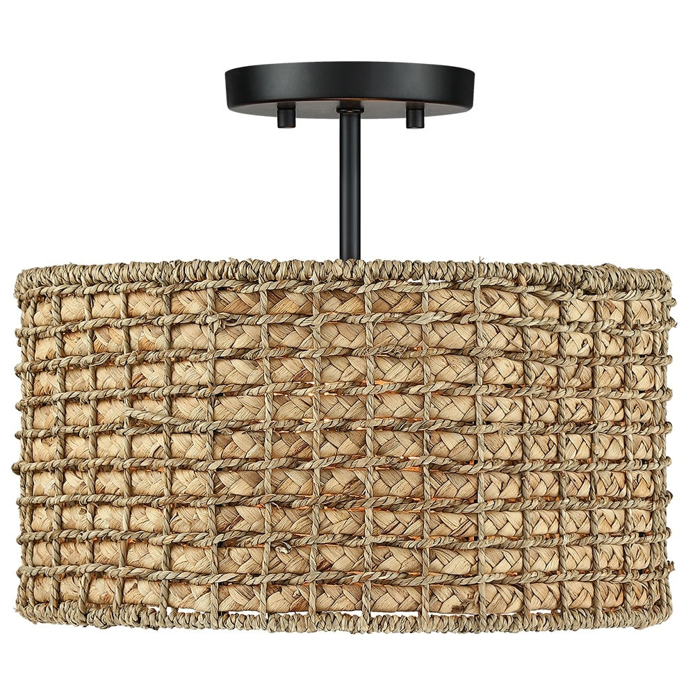 2-Light Natural Rattan Semi-Flush Mount Ceiling Light with Black Canopy - Black/earthy - Black/Straw - 13.6 in. W