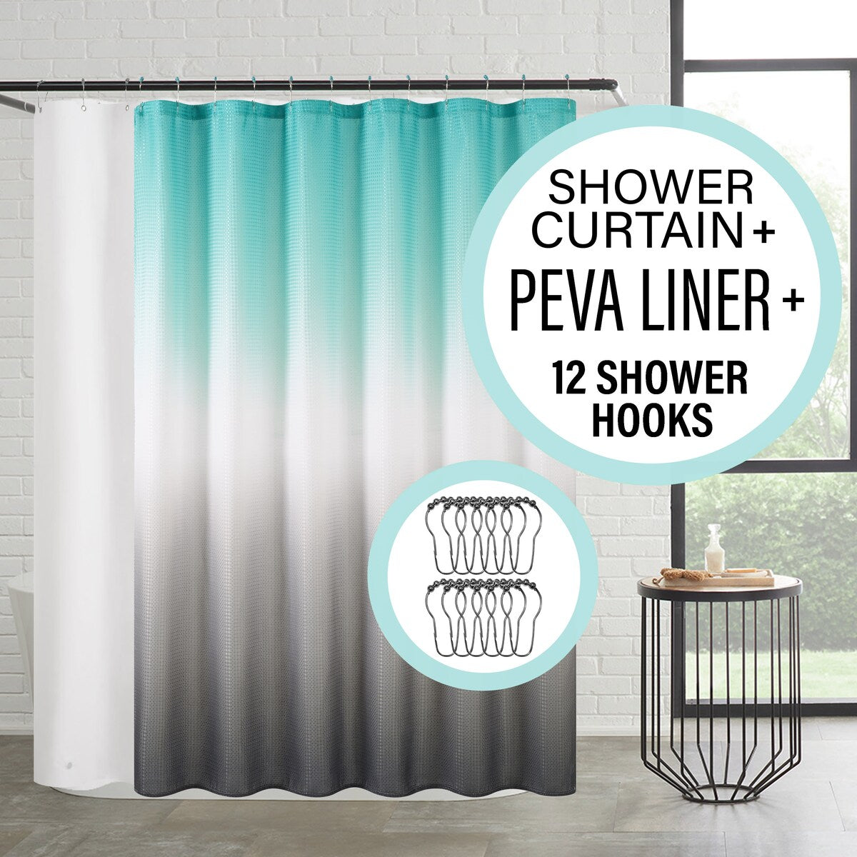 14-Piece Bath/Shower Set - Ombre Shower Curtain, Hooks & PEVA Liner