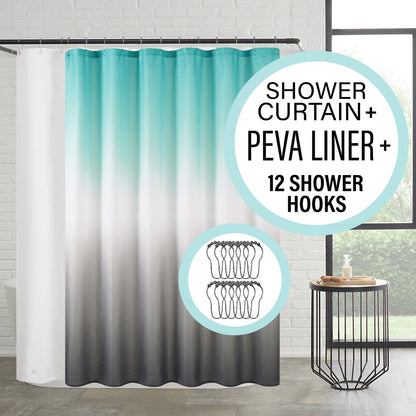 14-Piece Bath/Shower Set - Ombre Shower Curtain, Hooks & PEVA Liner