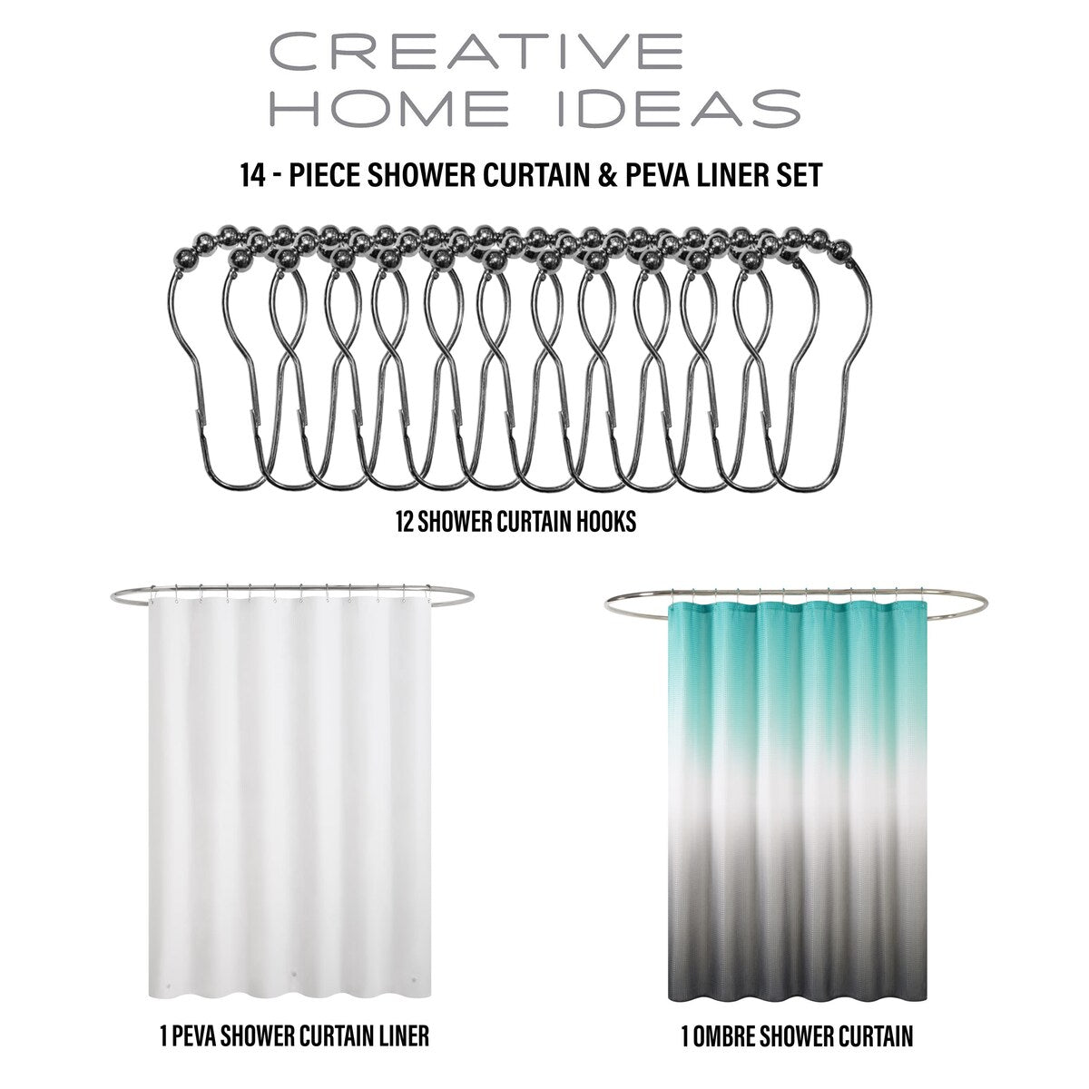 14-Piece Bath/Shower Set - Ombre Shower Curtain, Hooks & PEVA Liner