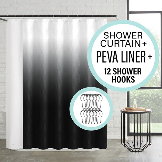 14-Piece Bath/Shower Set - Ombre Shower Curtain, Hooks & PEVA Liner