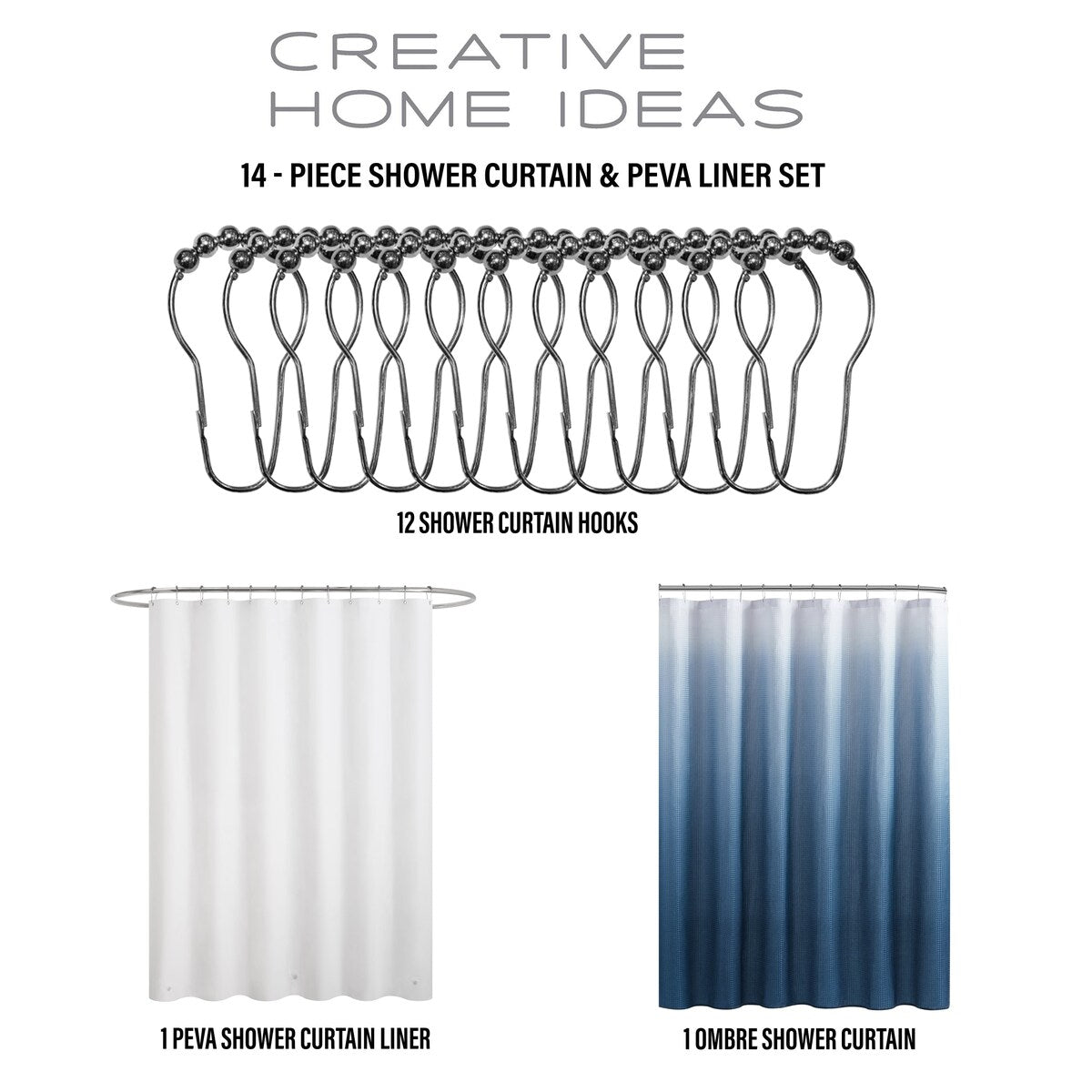 14-Piece Bath/Shower Set - Ombre Shower Curtain, Hooks & PEVA Liner
