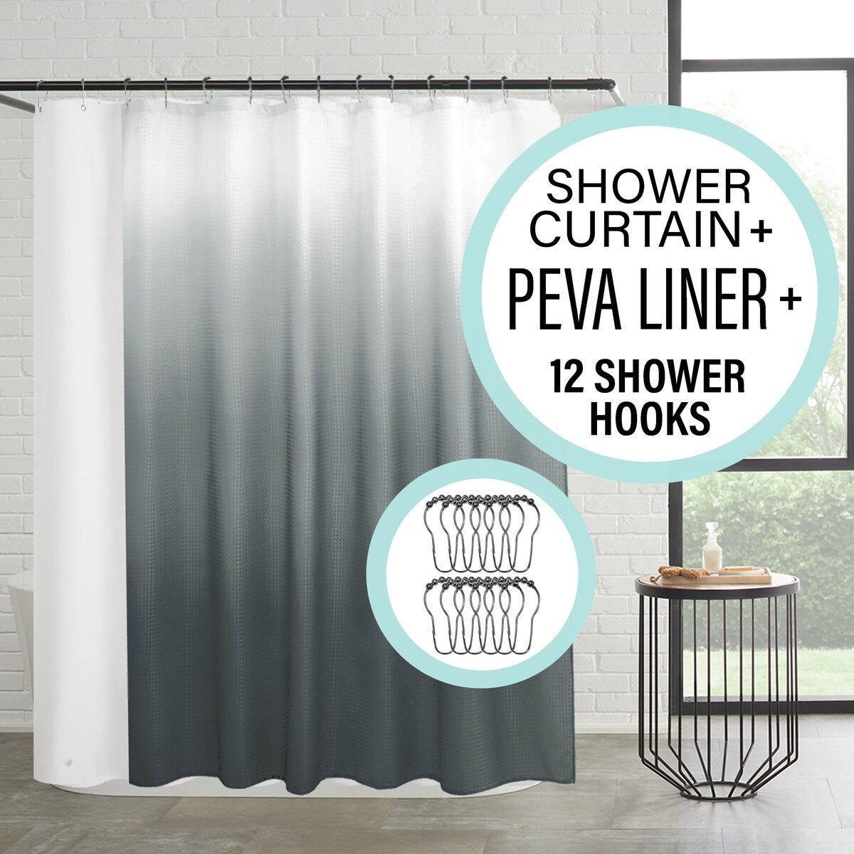14-Piece Bath/Shower Set - Ombre Shower Curtain, Hooks & PEVA Liner