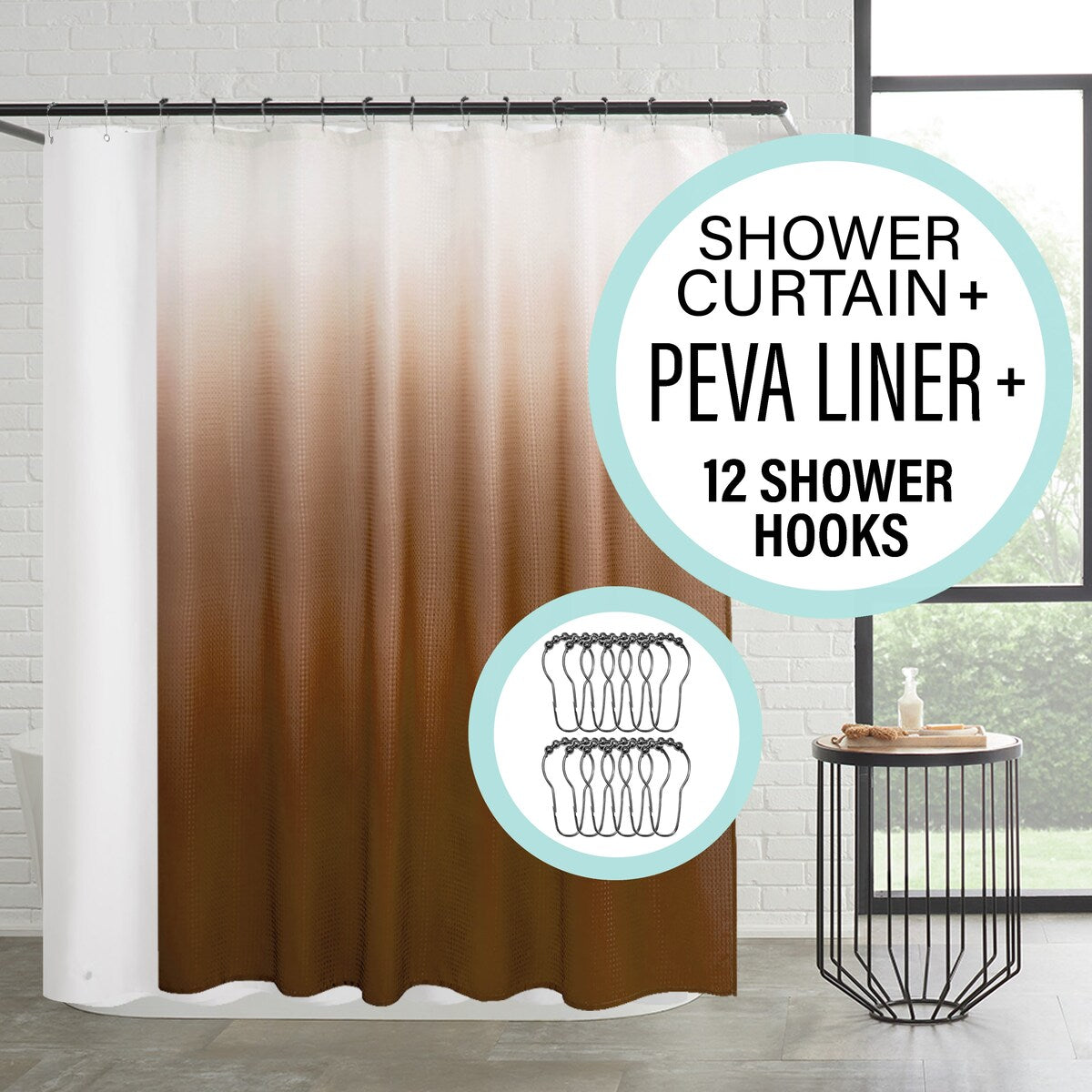 14-Piece Bath/Shower Set - Ombre Shower Curtain, Hooks & PEVA Liner