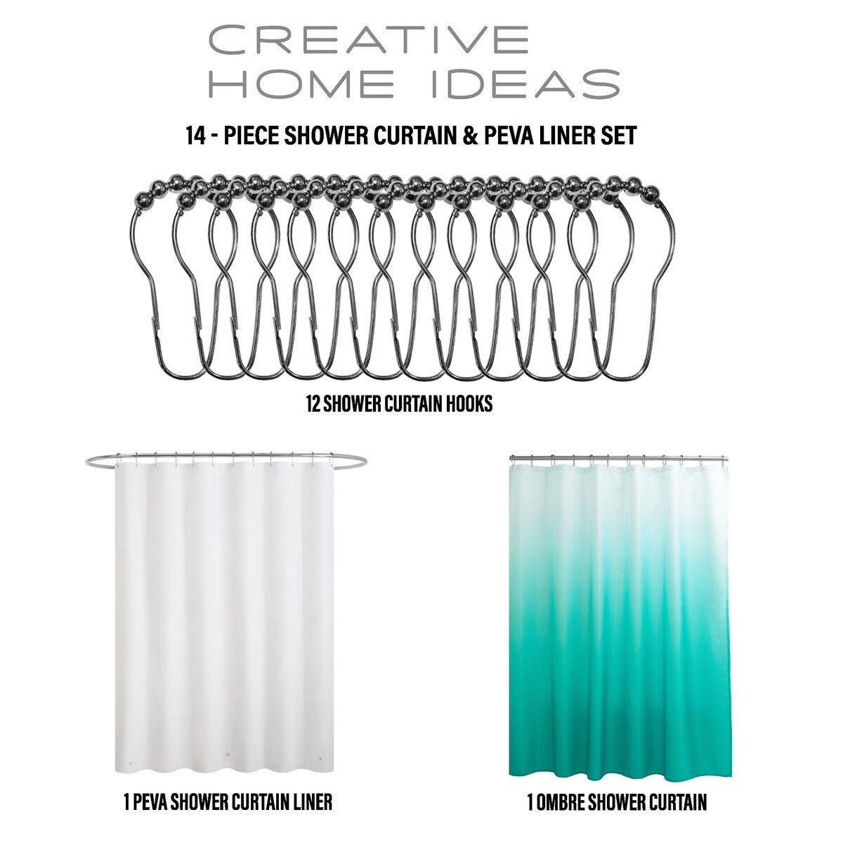 14-Piece Bath/Shower Set - Ombre Shower Curtain, Hooks & PEVA Liner
