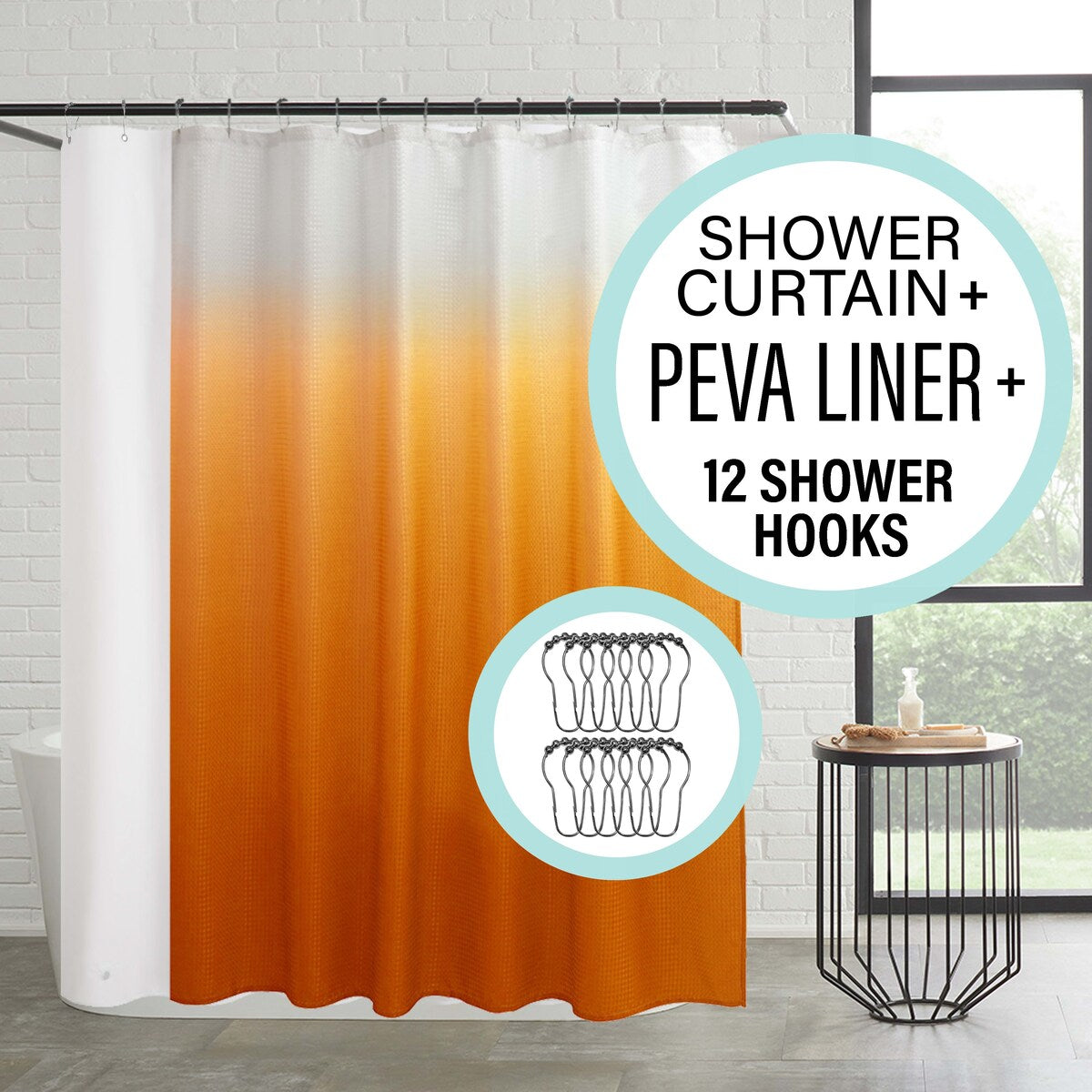 14-Piece Bath/Shower Set - Ombre Shower Curtain, Hooks & PEVA Liner