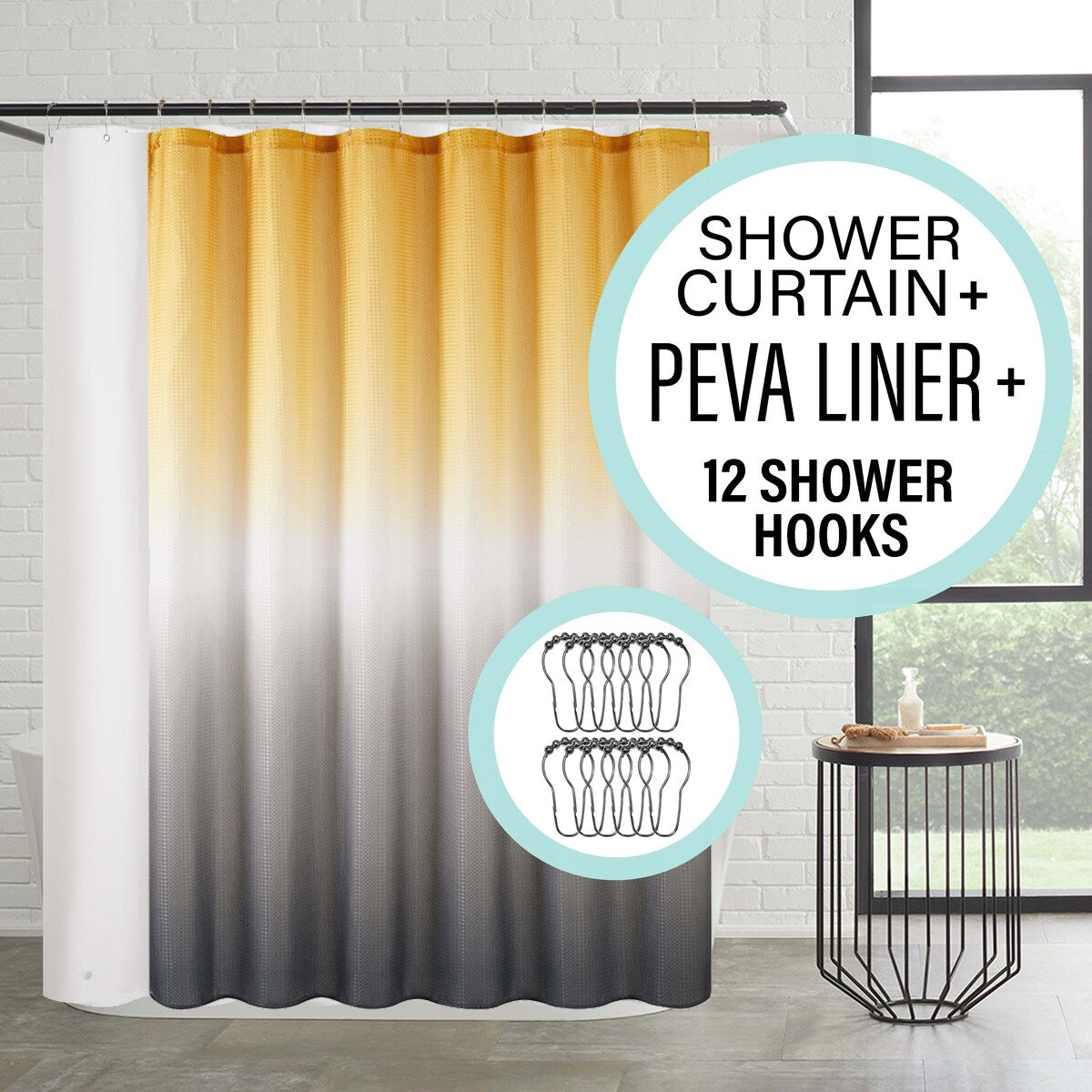 14-Piece Bath/Shower Set - Ombre Shower Curtain, Hooks & PEVA Liner