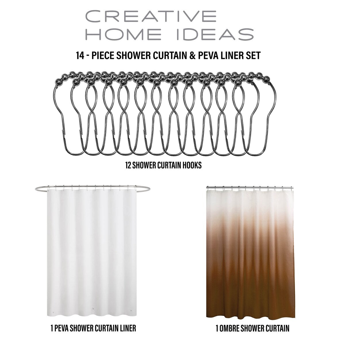 14-Piece Bath/Shower Set - Ombre Shower Curtain, Hooks & PEVA Liner