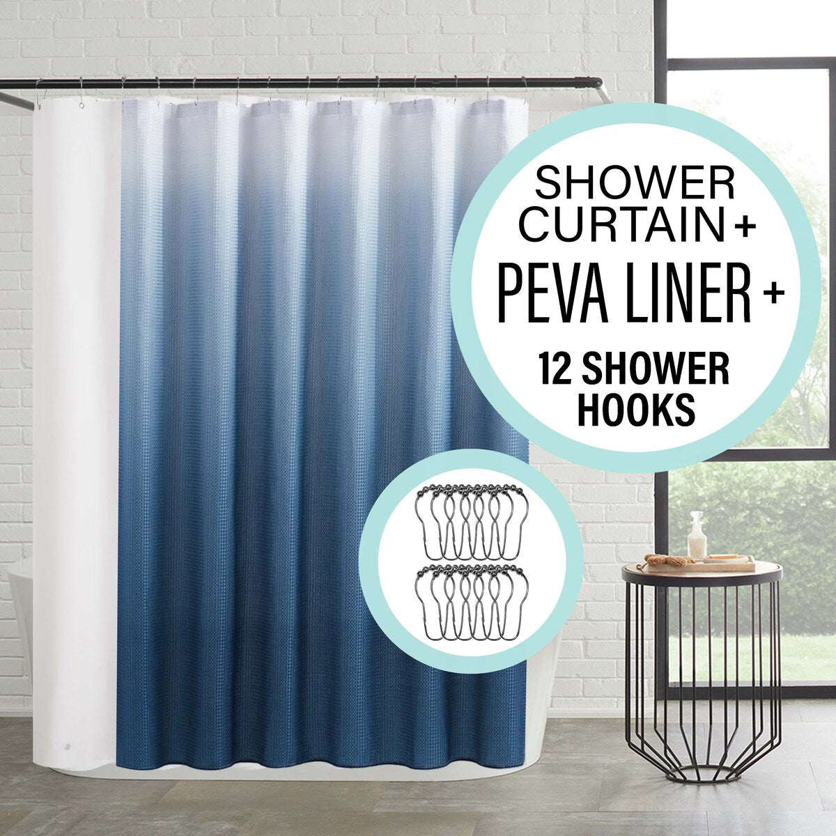 14-Piece Bath/Shower Set - Ombre Shower Curtain, Hooks & PEVA Liner