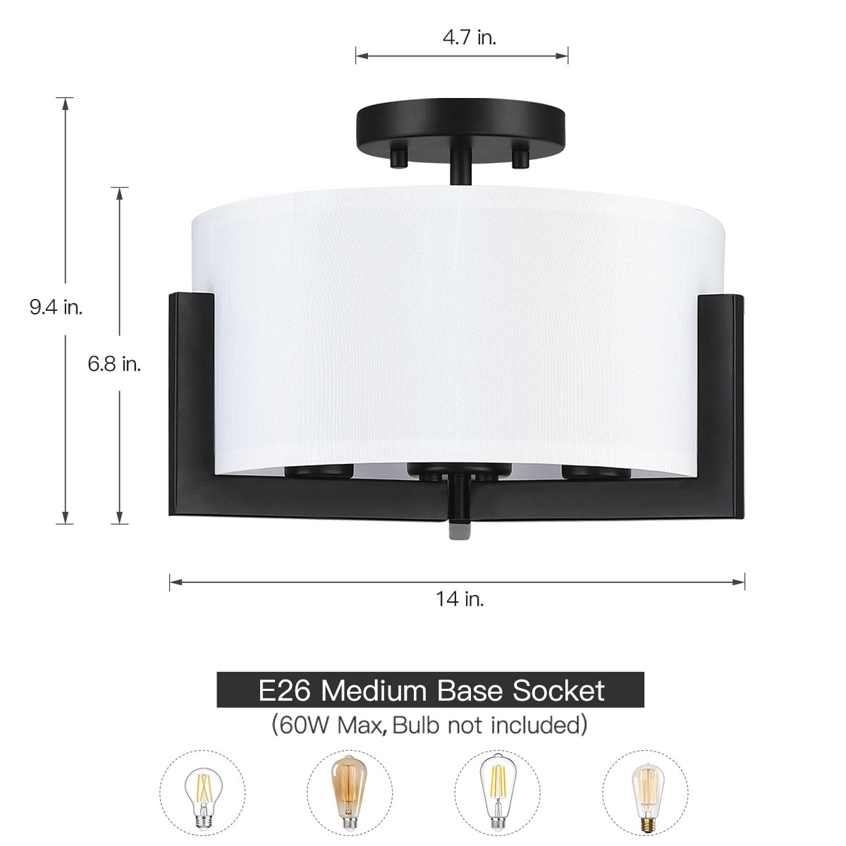 14 in. 3-Light Matte Black Semi-Flush Mount Ceiling Light with Drum Shade - 14W