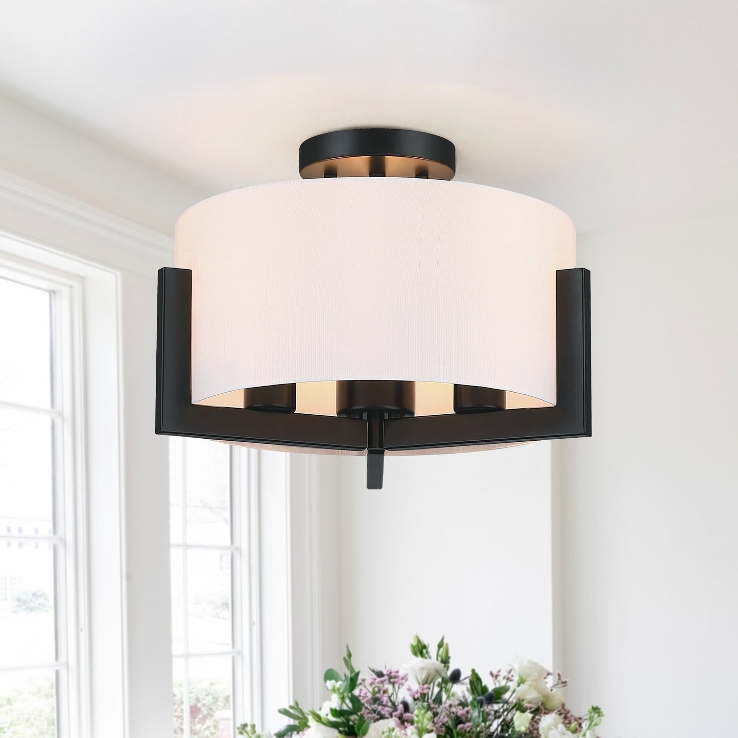 14 in. 3-Light Matte Black Semi-Flush Mount Ceiling Light with Drum Shade - 14W