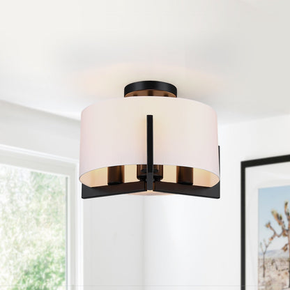 14 in. 3-Light Matte Black Semi-Flush Mount Ceiling Light with Drum Shade - 14W