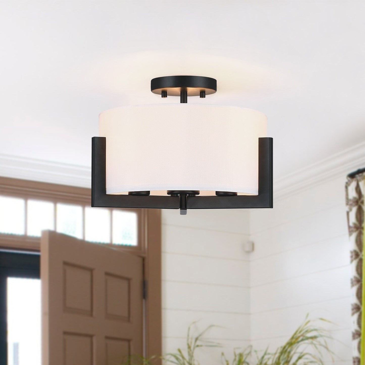14 in. 3-Light Matte Black Semi-Flush Mount Ceiling Light with Drum Shade - 14W