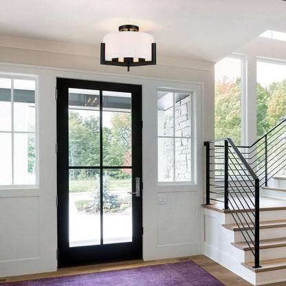 14 in. 3-Light Matte Black Semi-Flush Mount Ceiling Light with Drum Shade - 14W