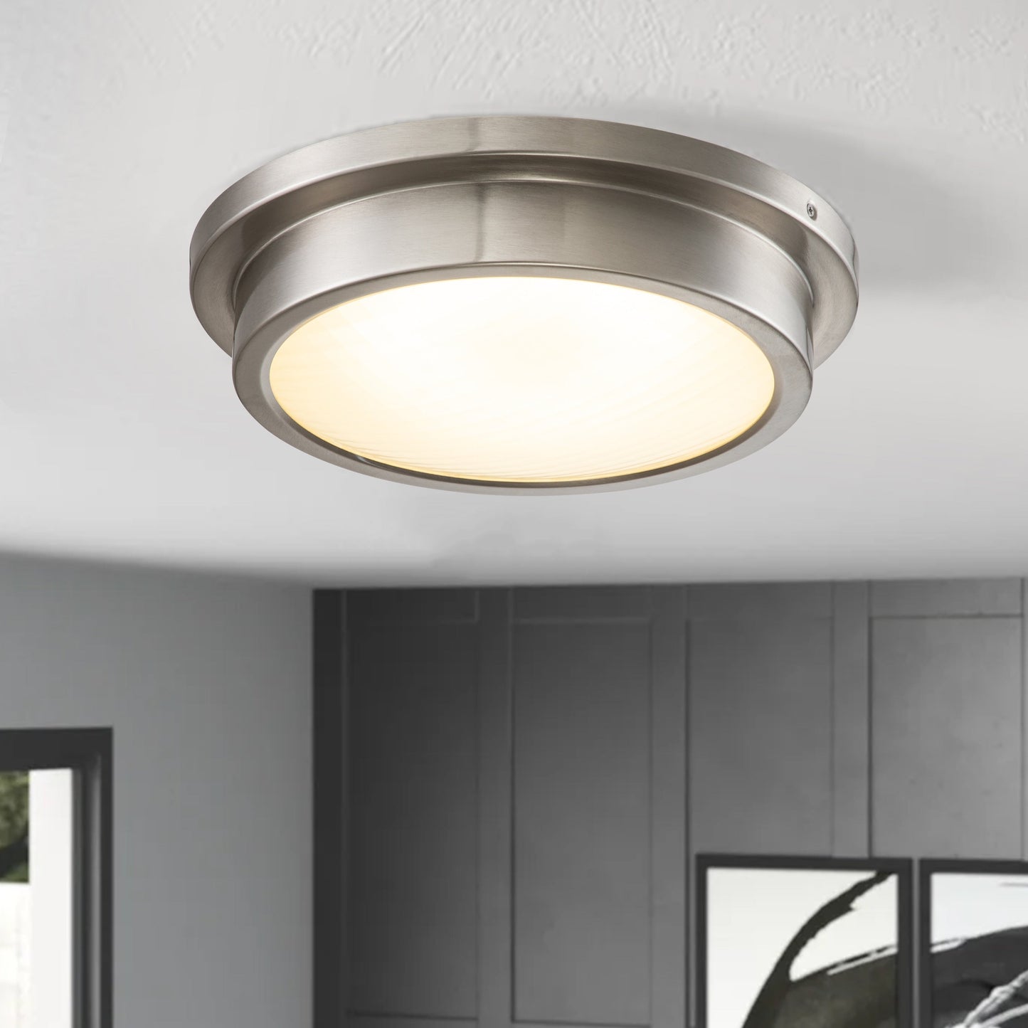 14 in. Brushed Nickel 30W 3000K LED Flush Mount Light with Striped Glass Shade - Brushed Nickel