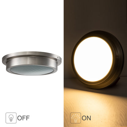 14 in. Brushed Nickel 30W 3000K LED Flush Mount Light with Striped Glass Shade - Brushed Nickel