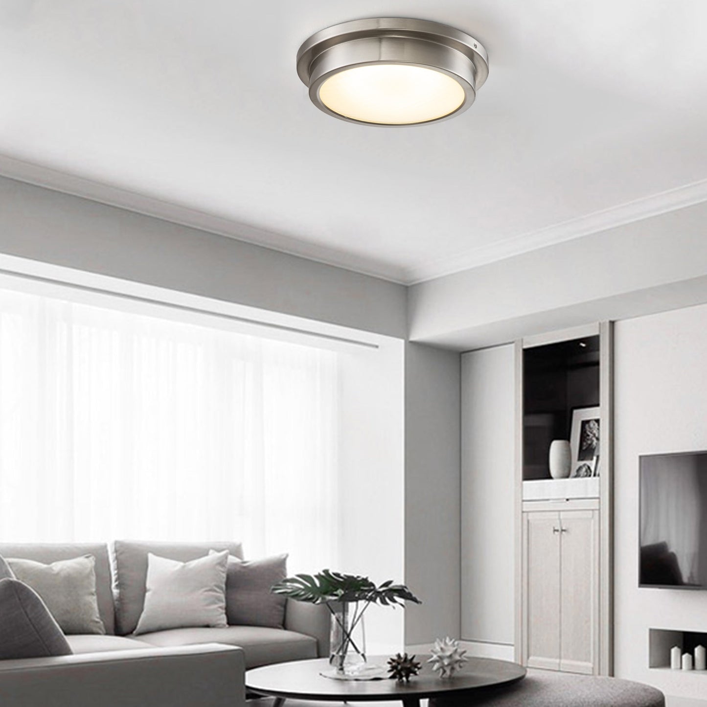 14 in. Brushed Nickel 30W 3000K LED Flush Mount Light with Striped Glass Shade - Brushed Nickel