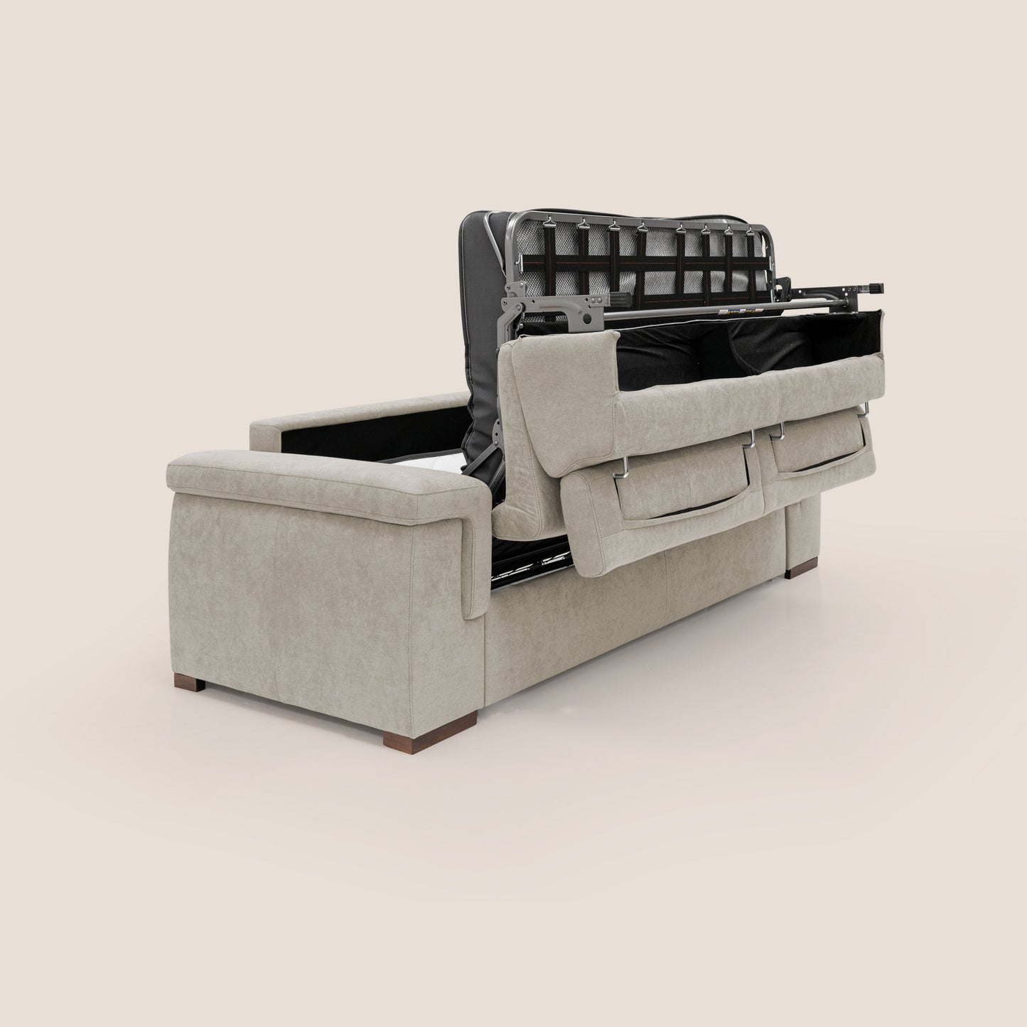 Giunone divano letto 220 cm (mat. 140x197 cm) con materasso alto 18 cm e poggiatesta reclinabili in tessuto impermeabile T02 panna 