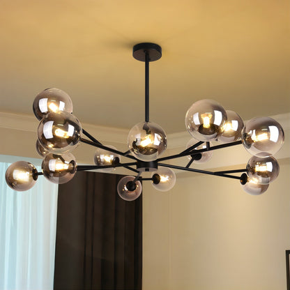15-Light Modern Linear Sputnik Kitchen Island Light Branch Cluster Glass Globe Bubble Chandelier