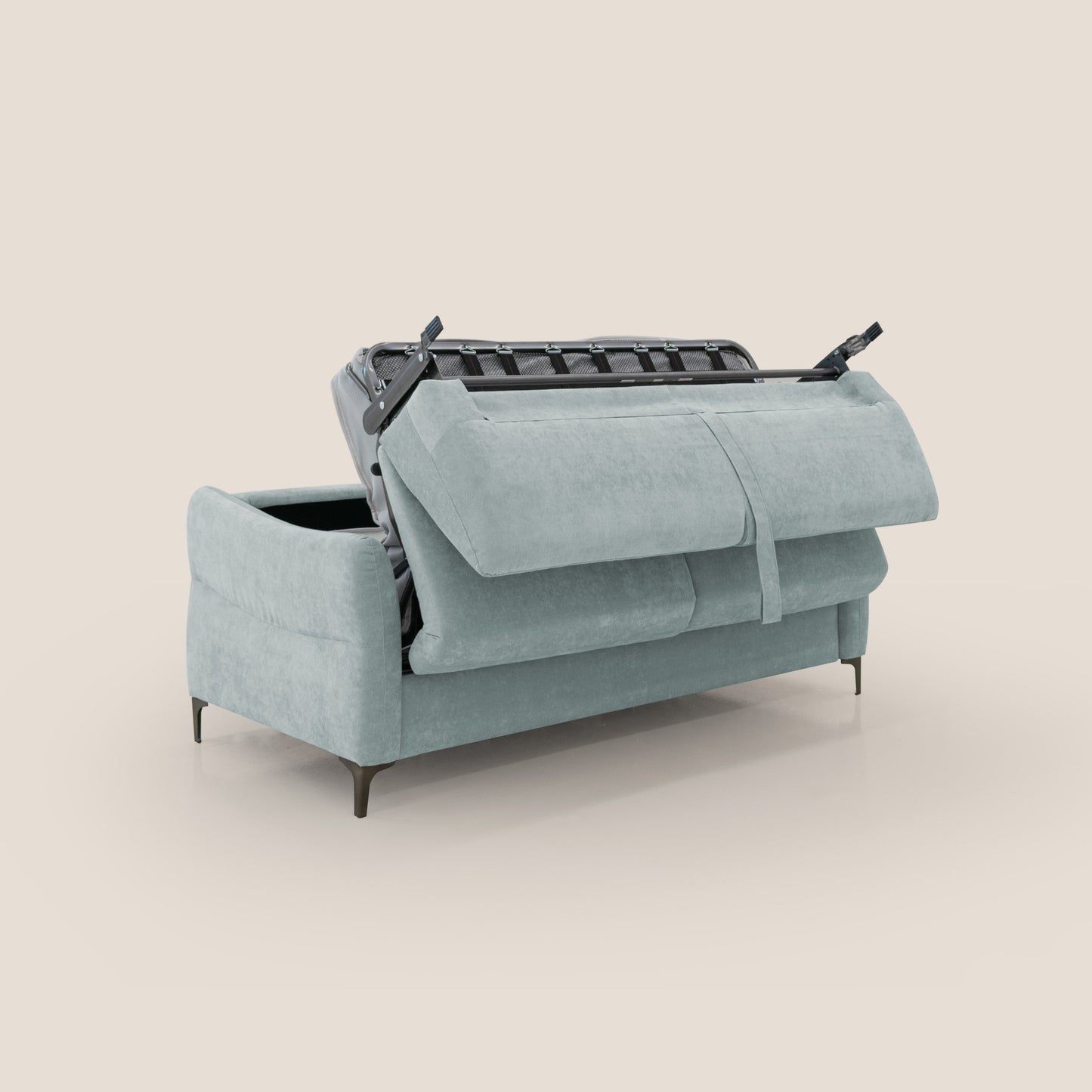 Dalia divano letto con materasso H18 cm e piedi alti in raffinato tessuto smacchiabile T17 verde acqua