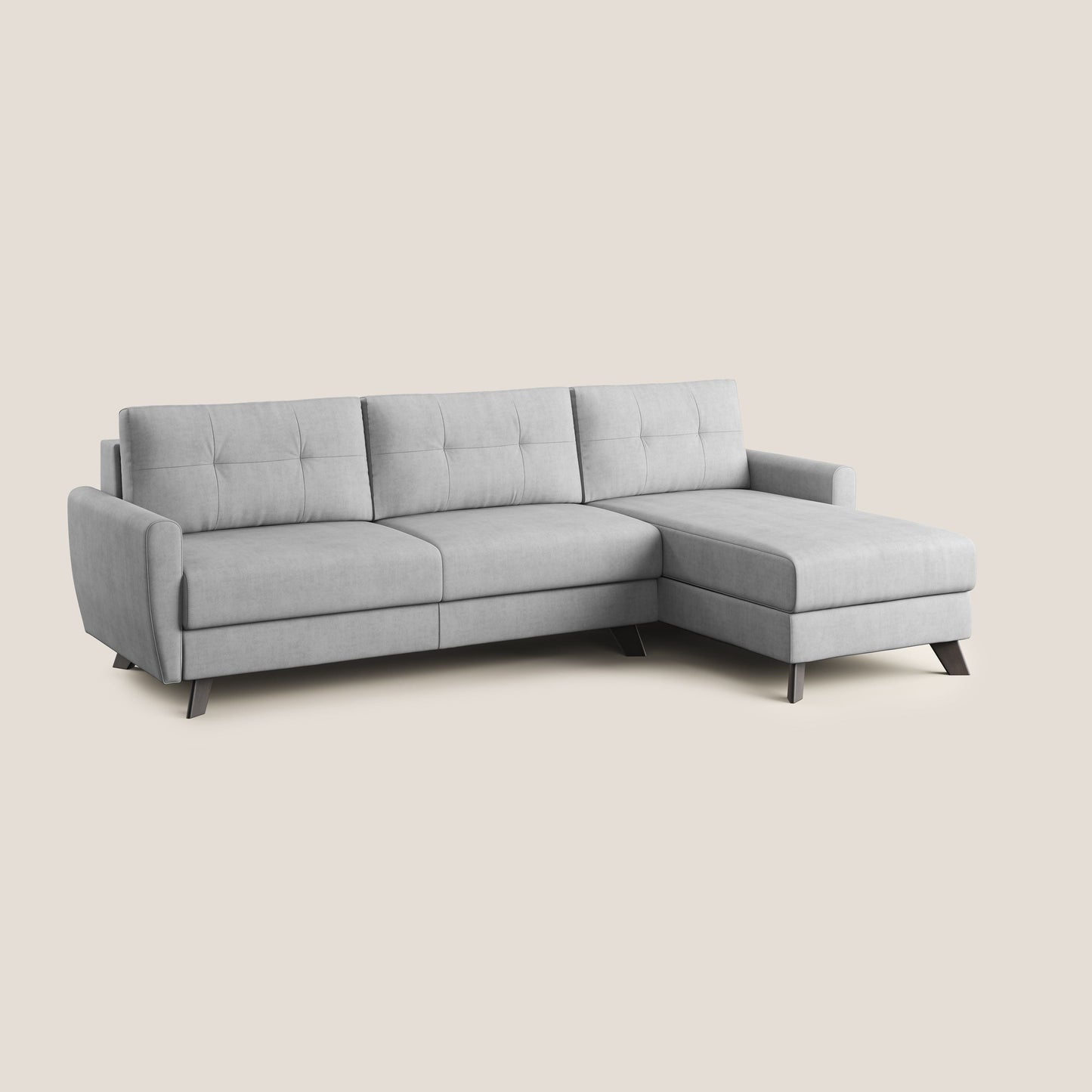 Callisto Divano letto angolare con penisola in tessuto morbido impermeabile T02 grigio chiaro