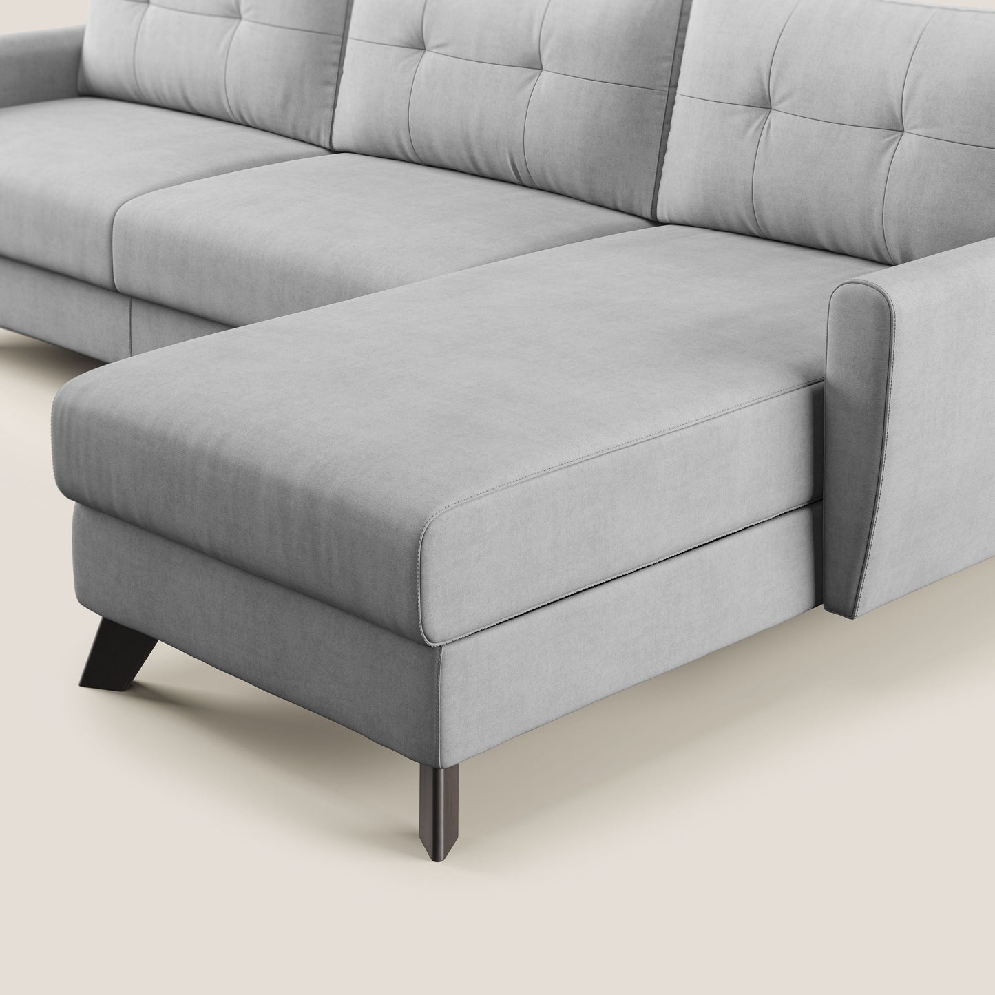 Callisto Divano letto angolare con penisola in tessuto morbido impermeabile T02 grigio chiaro