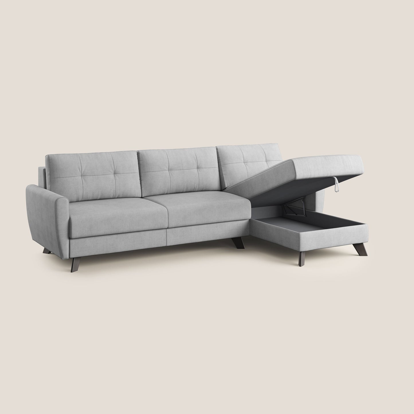 Callisto Divano letto angolare con penisola in tessuto morbido impermeabile T02 grigio chiaro