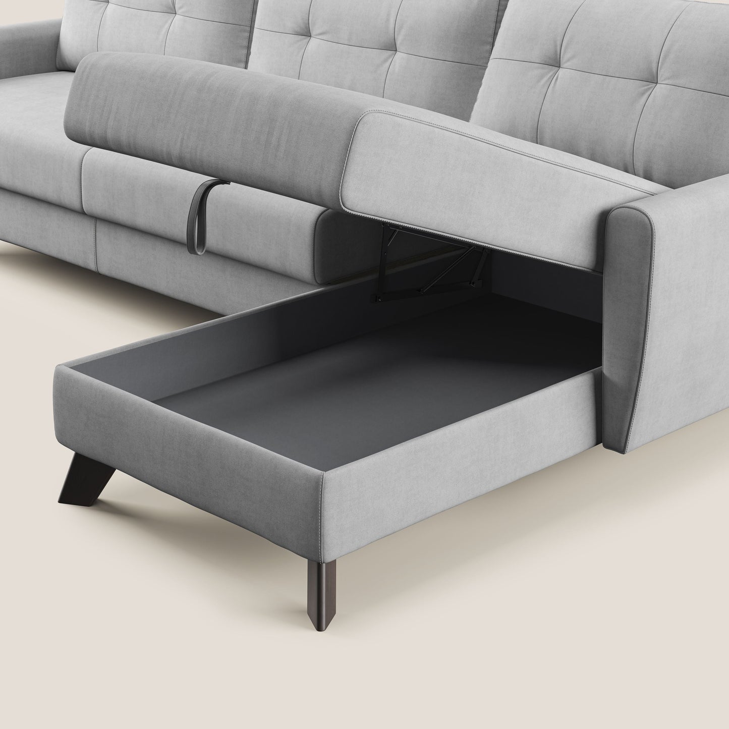 Callisto Divano letto angolare con penisola in tessuto morbido impermeabile T02 grigio chiaro