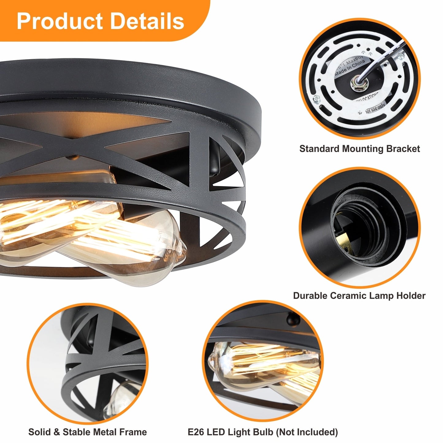 2-Light Black Farmhouse Flush Mount Ceiling Light-2 Pack