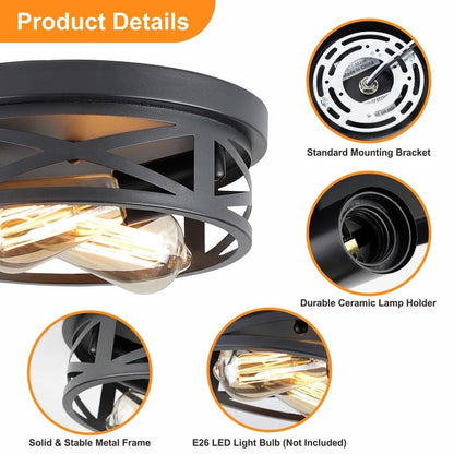 2-Light Black Farmhouse Flush Mount Ceiling Light-2 Pack