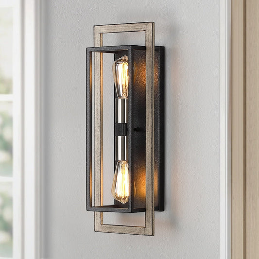 2-Light Black/Wood Tone Dimmable Rustic Farmhouse Wall Sconce - 20H x 7W x 5D - 7 in. W