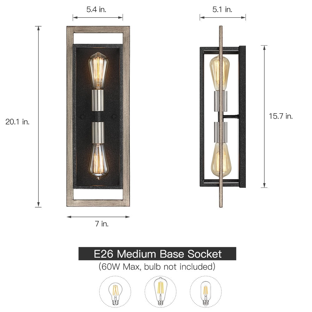 2-Light Black/Wood Tone Dimmable Rustic Farmhouse Wall Sconce - 20H x 7W x 5D - 7 in. W