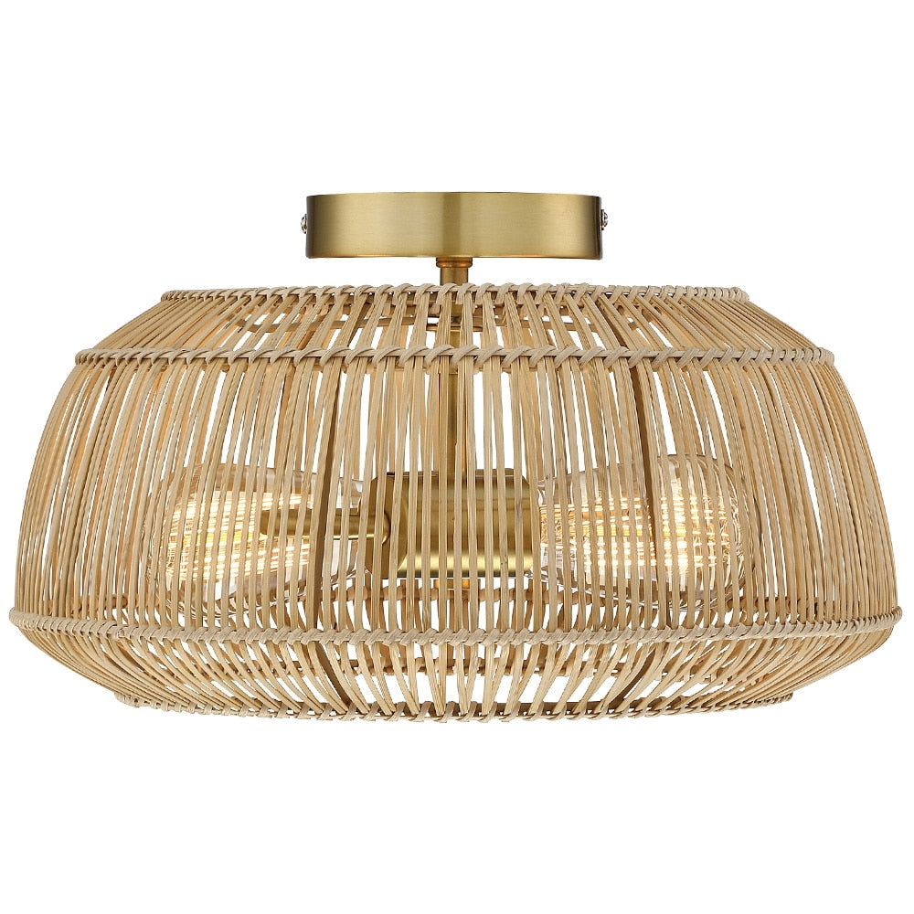 2-Light Bohemian Rattan Semi-Flush Mount Ceiling Light - Brass