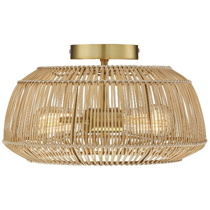 2-Light Bohemian Rattan Semi-Flush Mount Ceiling Light - Brass