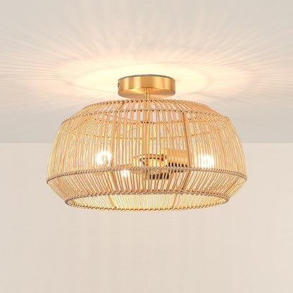 2-Light Bohemian Rattan Semi-Flush Mount Ceiling Light - Brass